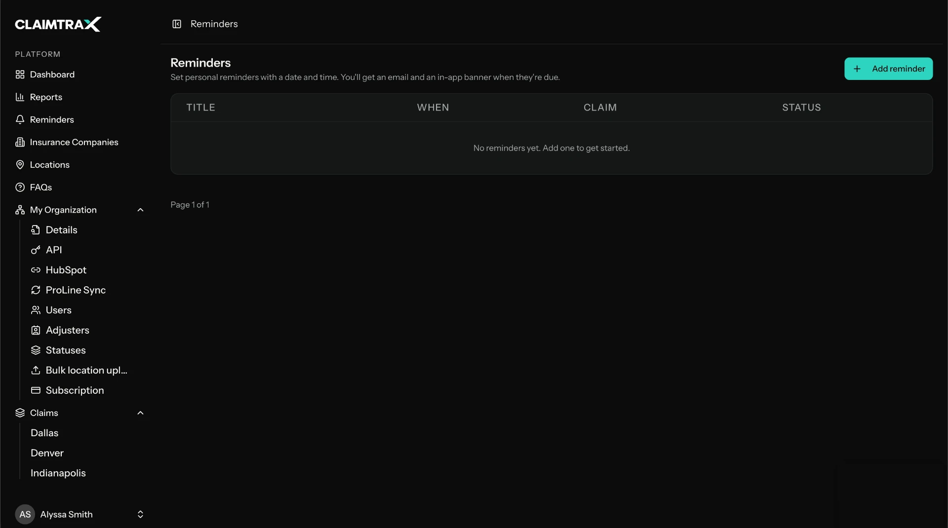 Reminders screen for setting claim reminders