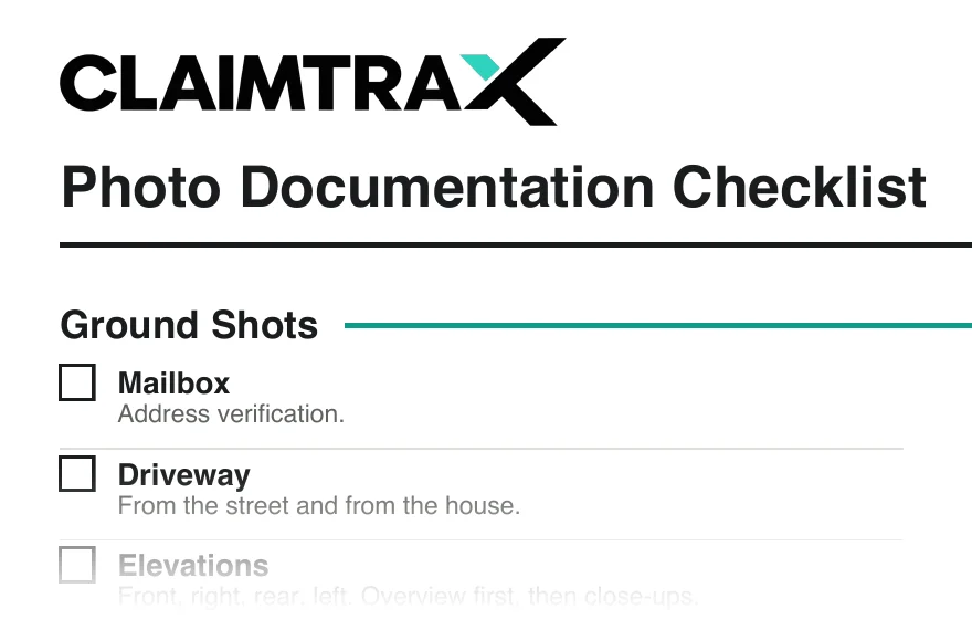 Sample of the Photo Documentation Checklist: Ground Shots with Mailbox, Driveway and Elevations