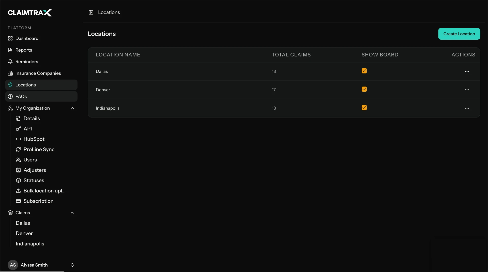 Locations screen listing branches and their claim totals