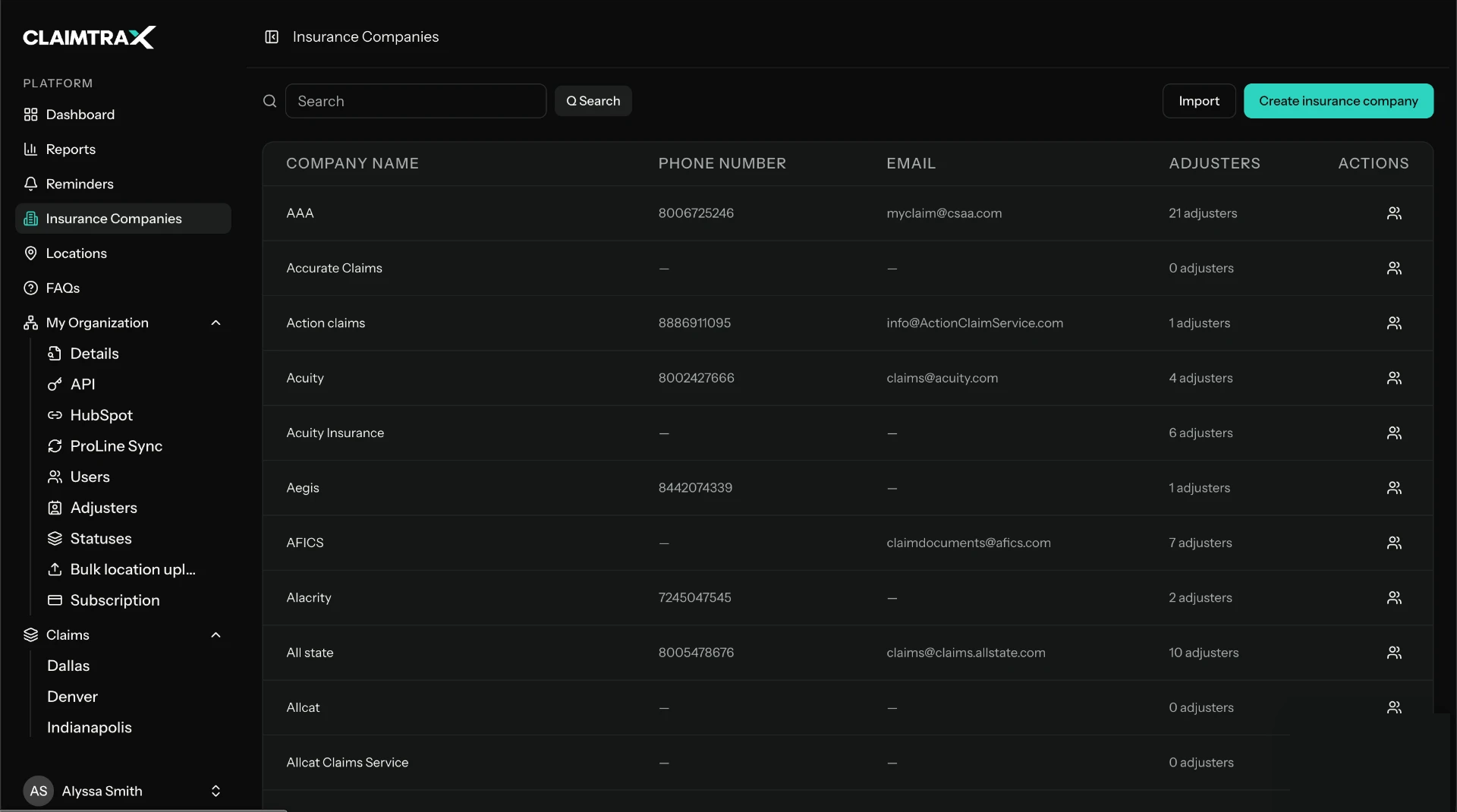 Insurance companies list with phone, email and adjuster counts