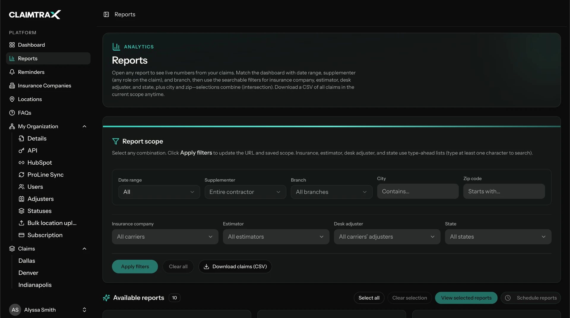 ClaimTrax report library including supplementer performance and desk adjuster activity